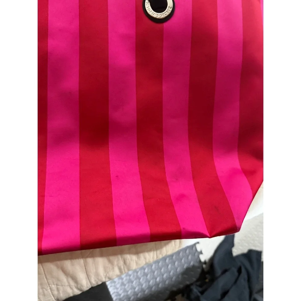 Victoria's Secret Pink Red Stripe Tote Bag Rhinestone Logo‎